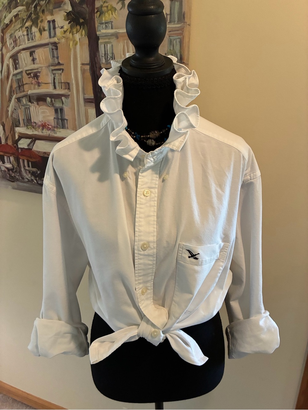 Eddie Bauer White Ruffle-Collar Button-Down Shirt